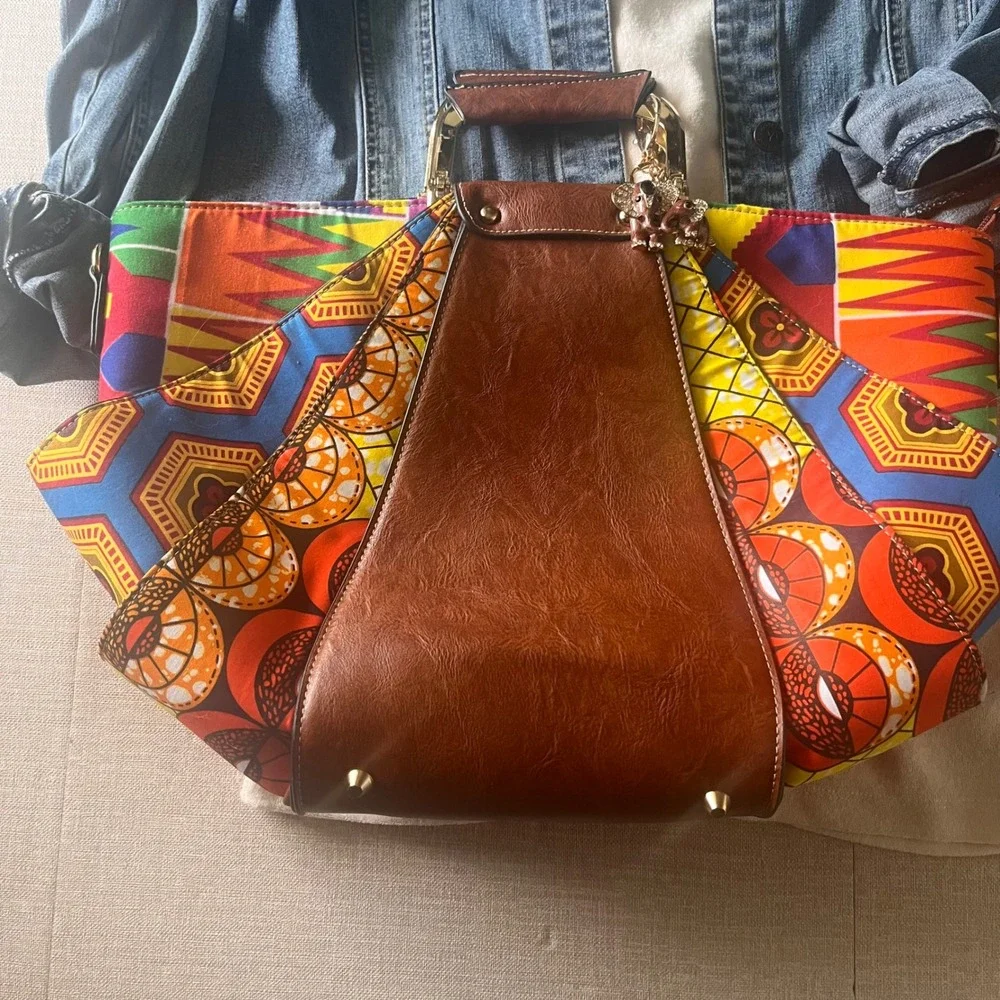 Boho Patchwork Tote Bag Colorful African Print Brown Satchel Crossbody Handbag